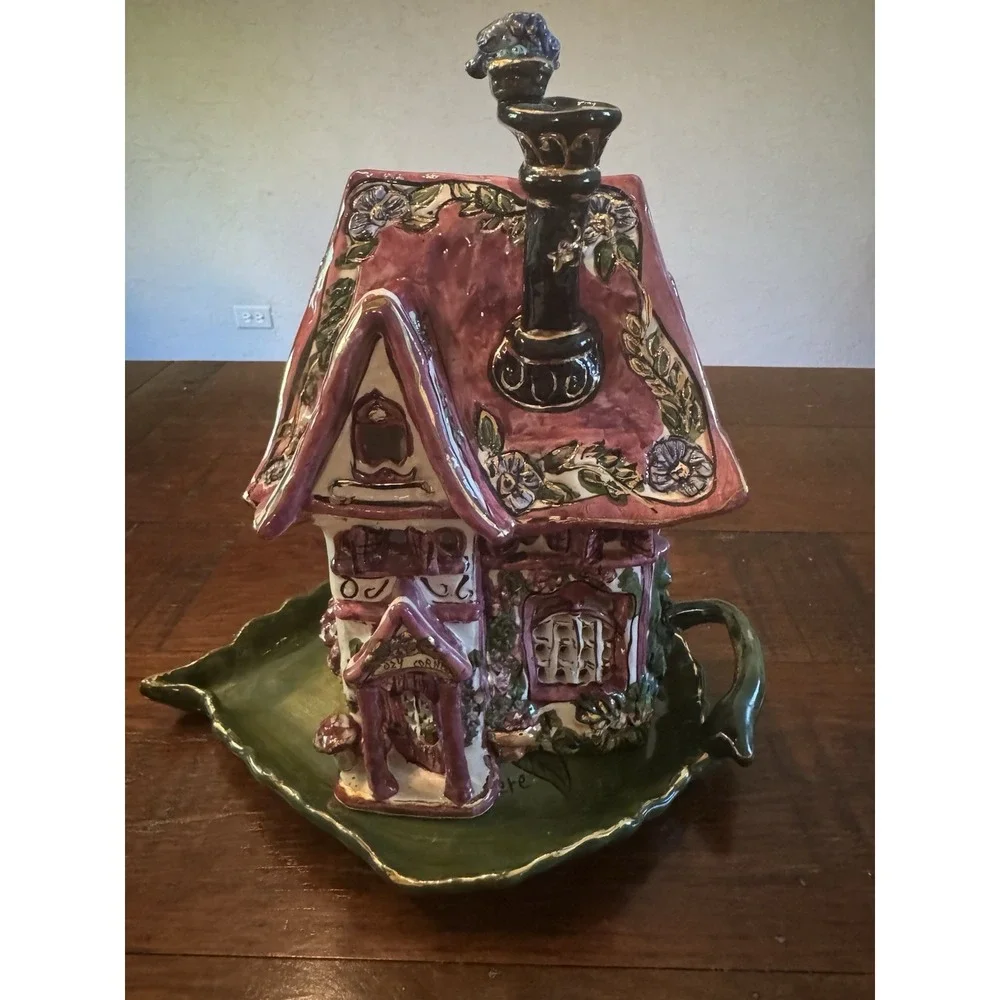 Blue Sky Clayworks Heather Goldminc Cozy Corner House CandleHolder w/Under Plate